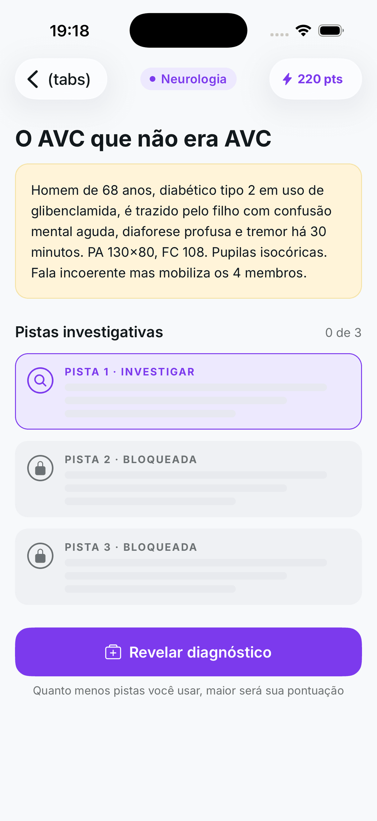 Tela de caso clínico no app mobile — pistas bloqueadas e mistério em destaque.